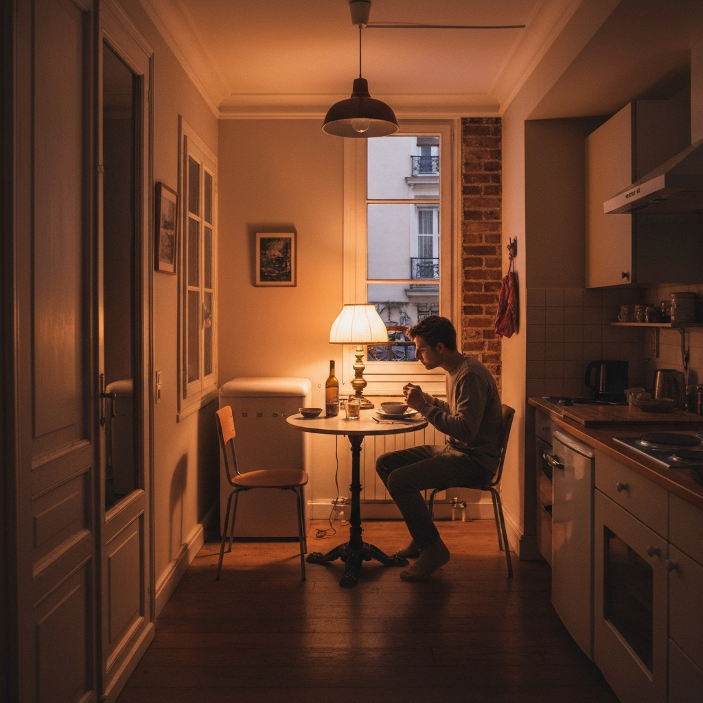 Petit studio avec une personne assise à une table
