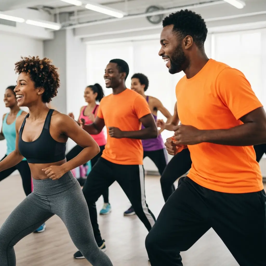 Groupe de personnes pratiquant la zumba dans une salle de danse